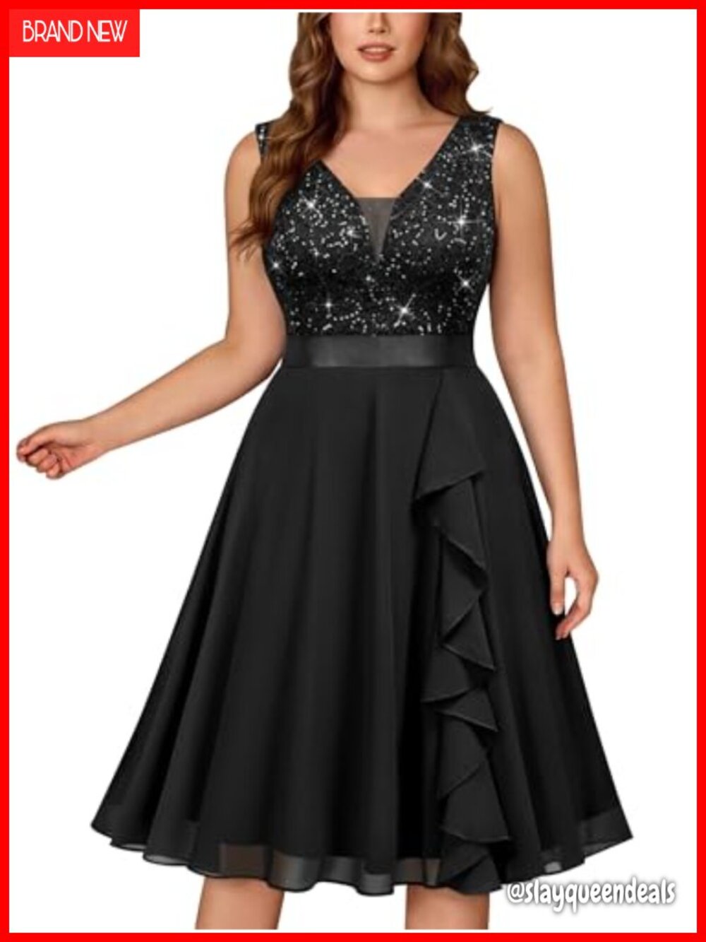MISSMAY Plus Size A-line Cocktail Dress Sequin Lace Ruffle Hem Chiffon